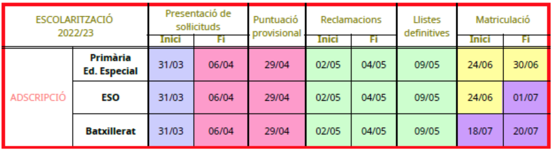 Calendari escolarització